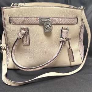 Michael Kors Cream Leather Tote with Snake-Print Trim